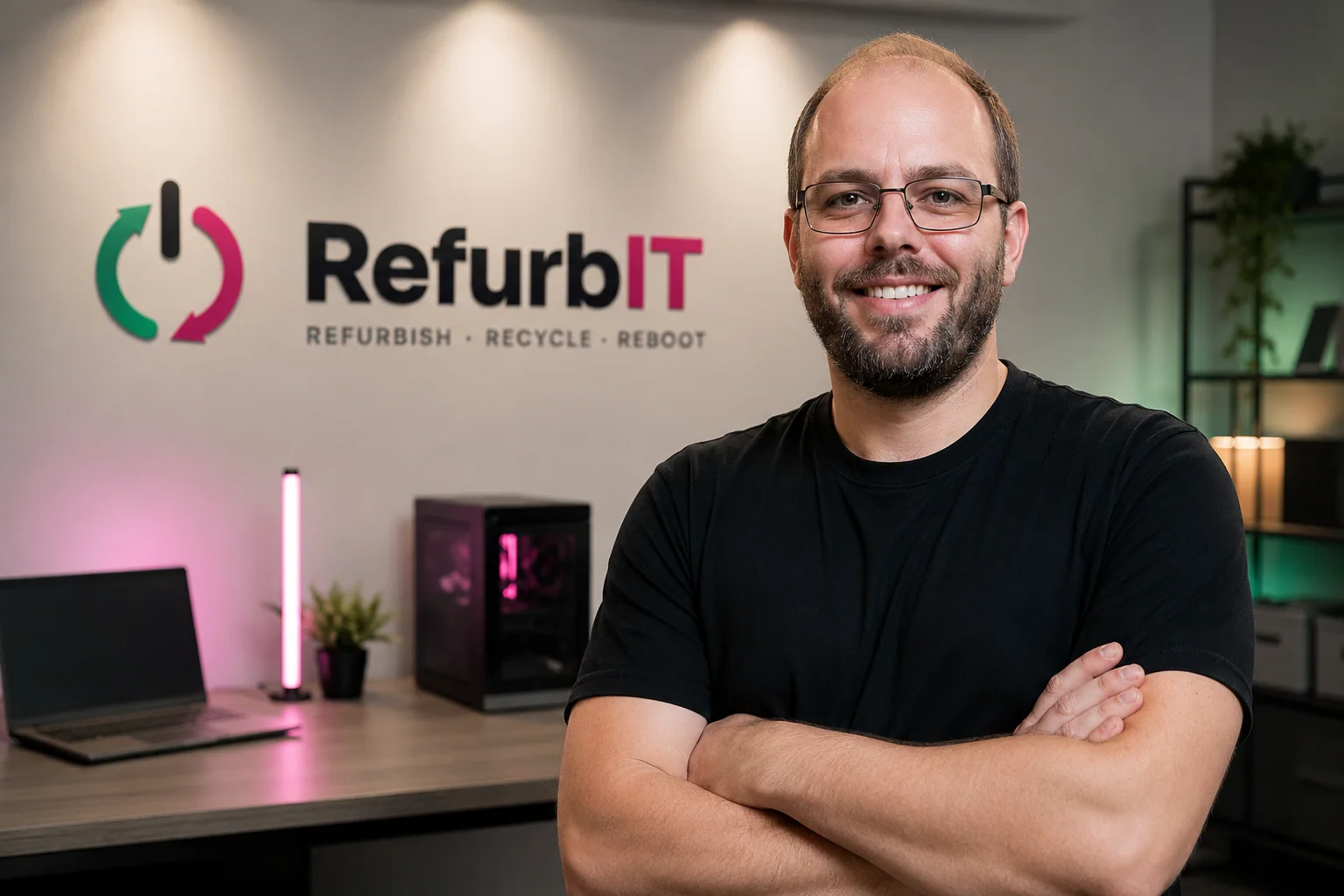 Nikolas Übelacker, Geschäftsführer von RefurbIT, in der Werkstatt vor der RefurbIT-Logowand
